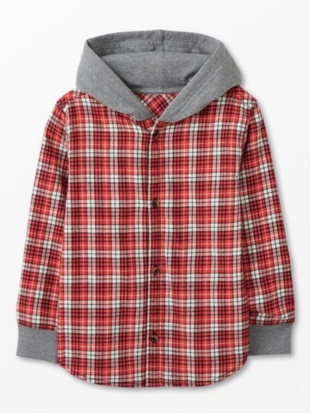 Hanna Andersson Red Plaid Button-Front Hooded Shirt 8 Medium Boys Girls